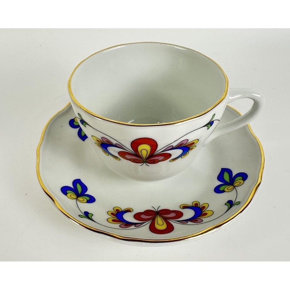 Porsgrund Farmer's Rose Demitasse Cup & Saucer Norway Porcelain Gold Trim